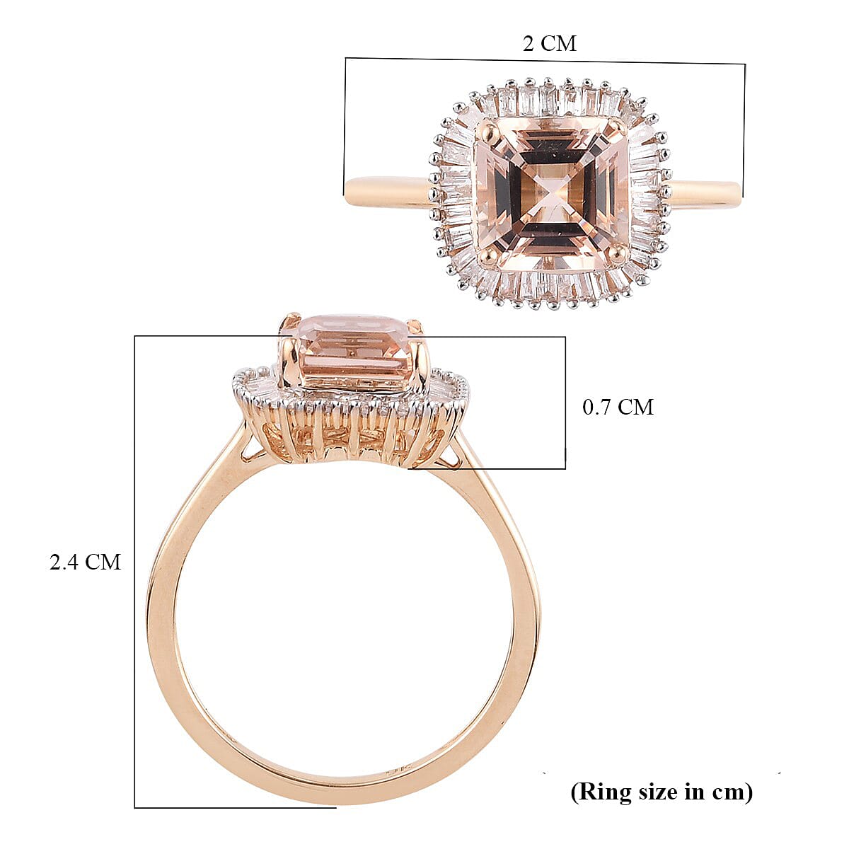 9K Rose Gold AA Marropino Morganite (Asscher Cut ) and Diamond Halo Ring 2.05 Ct.