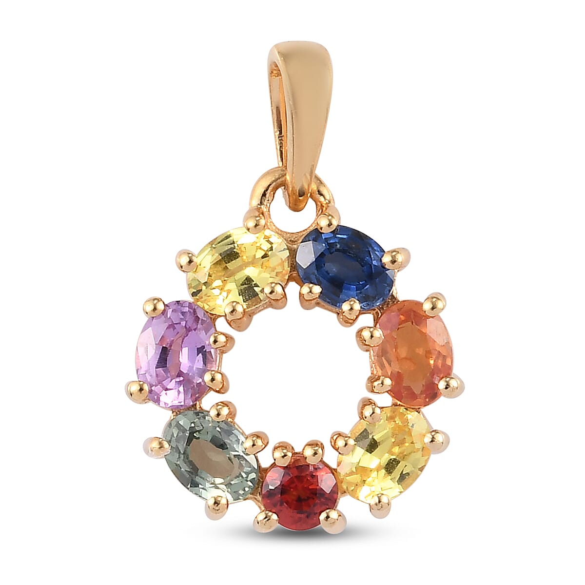 Rainbow Sapphire Circle Pendant in 14K Gold Overlay Sterling Silver 1.48 Ct.