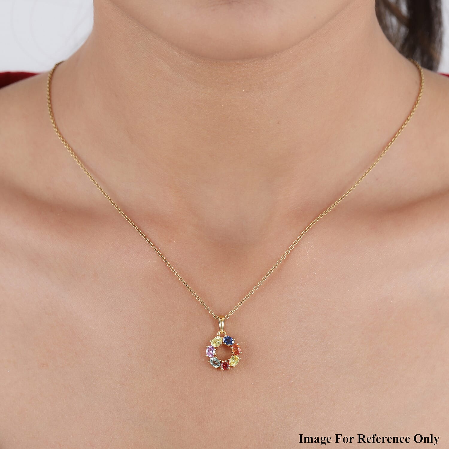 Rainbow Sapphire Circle Pendant in 14K Gold Overlay Sterling Silver 1.48 Ct.
