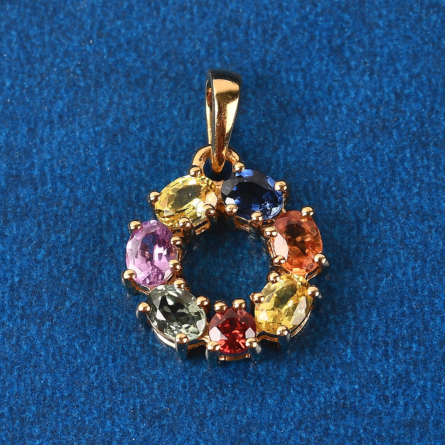 Rainbow Sapphire Circle Pendant in 14K Gold Overlay Sterling Silver 1.48 Ct.