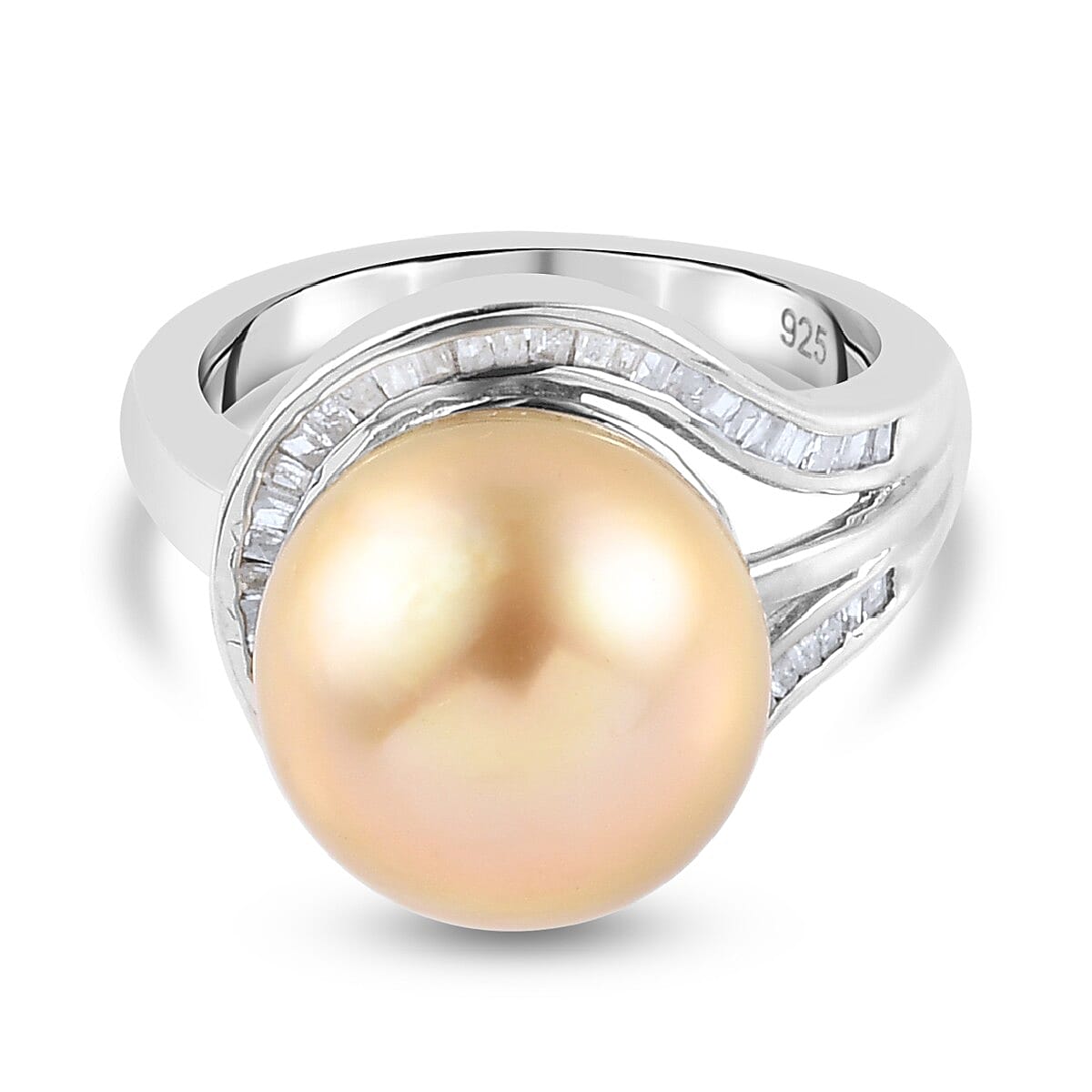 AAA Golden South Sea Pearl and Diamond Ring in Platinum Overlay Sterling Silver
