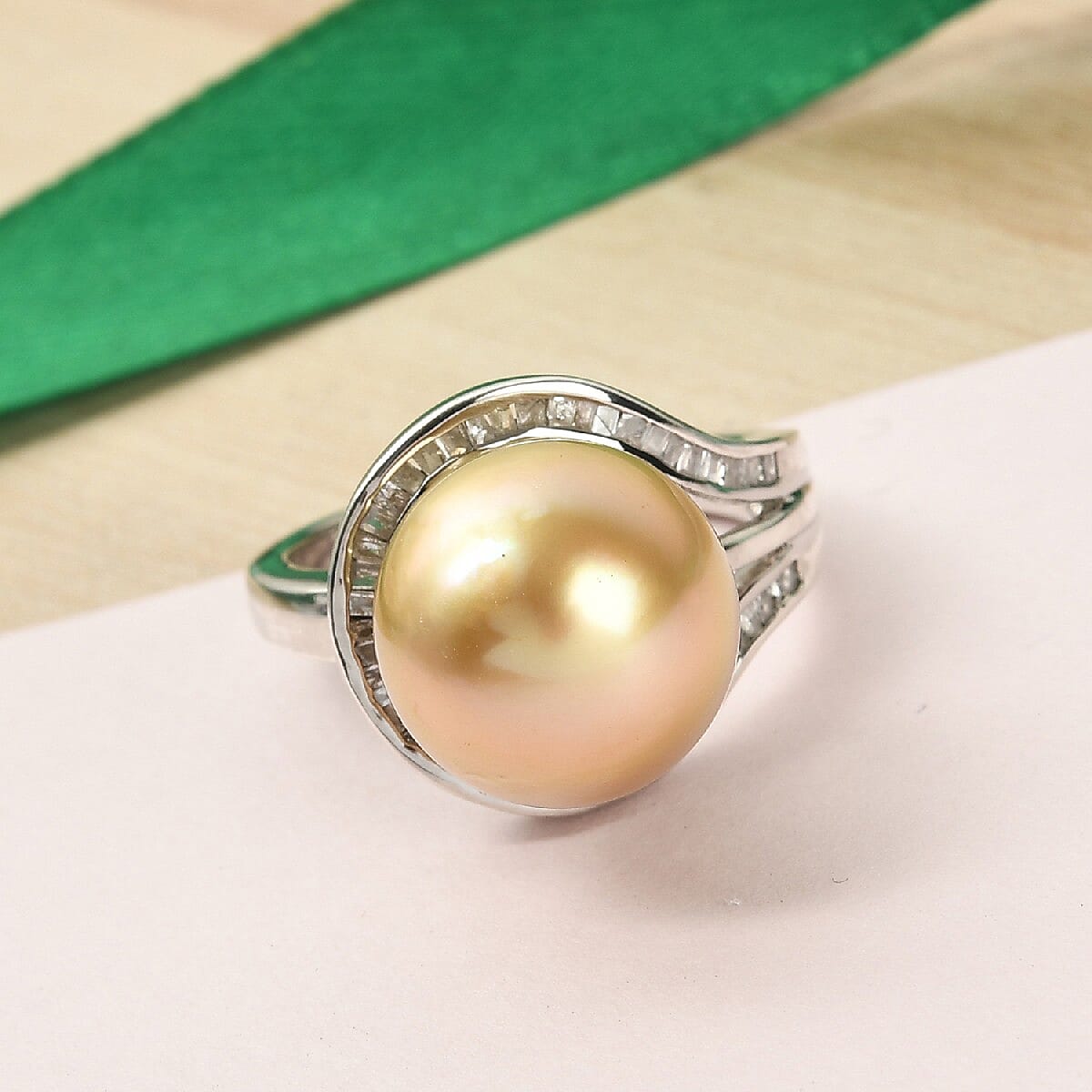 AAA Golden South Sea Pearl and Diamond Ring in Platinum Overlay Sterling Silver