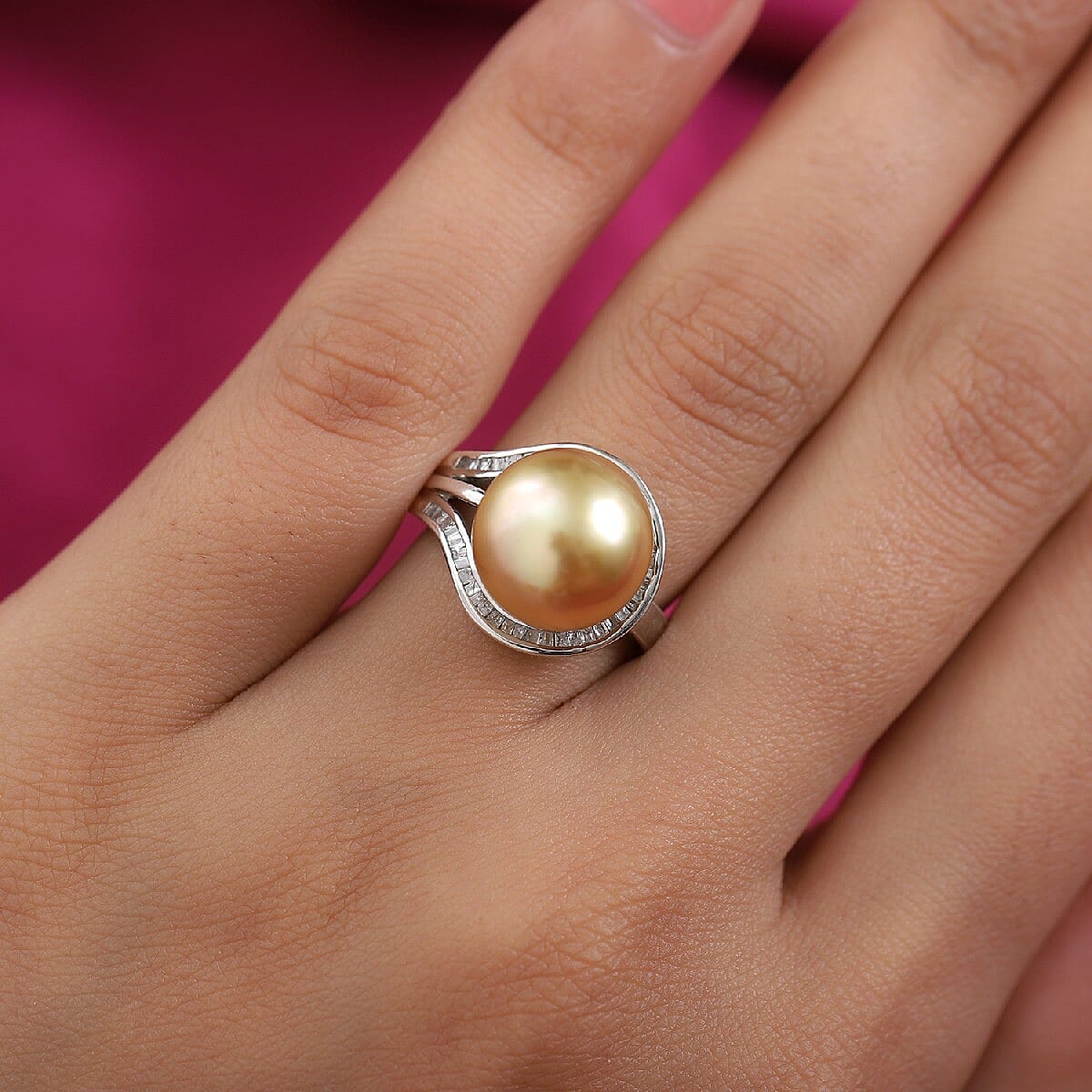 AAA Golden South Sea Pearl and Diamond Ring in Platinum Overlay Sterling Silver