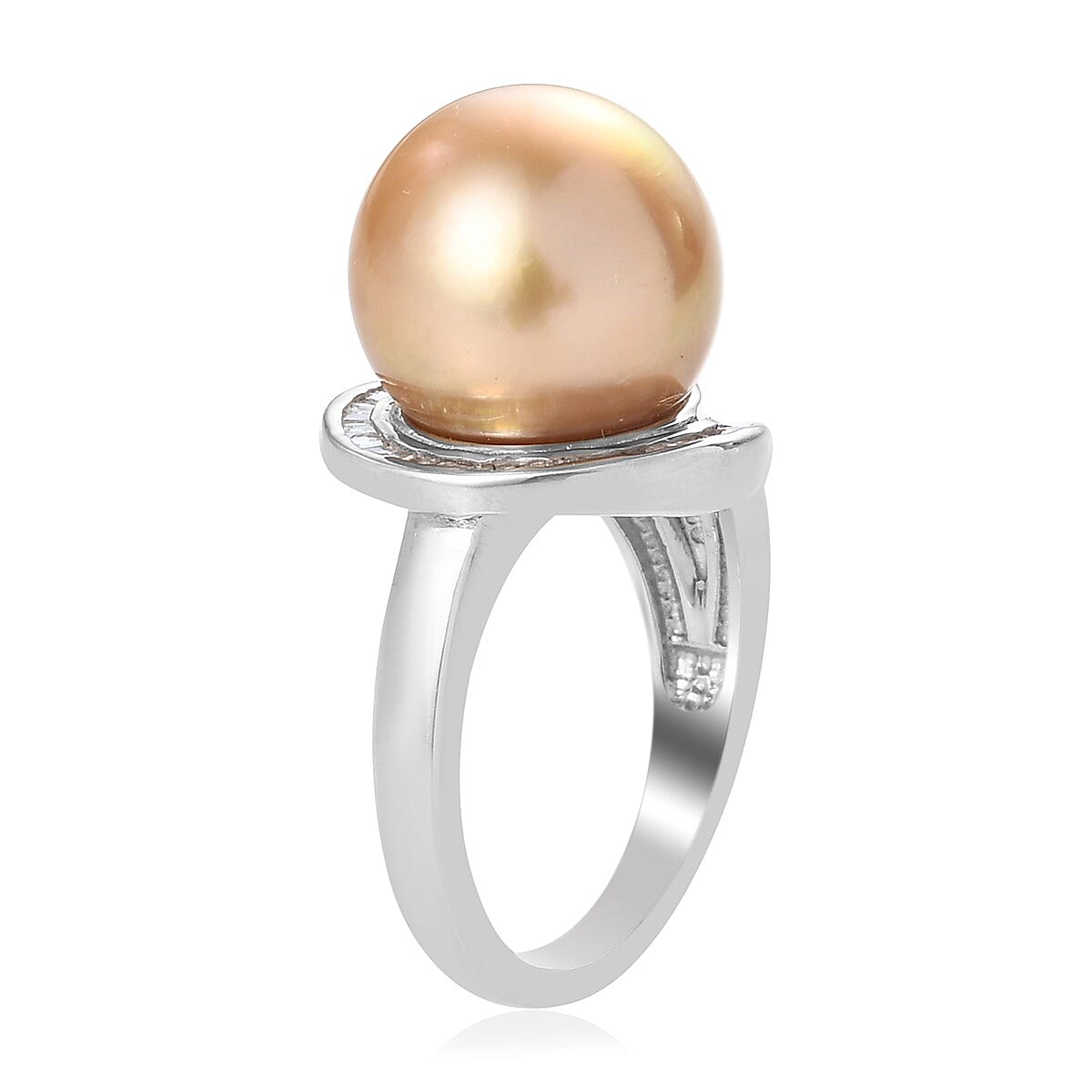 AAA Golden South Sea Pearl and Diamond Ring in Platinum Overlay Sterling Silver