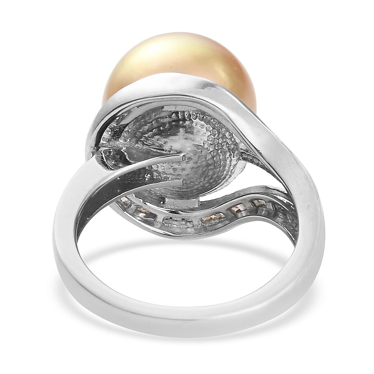AAA Golden South Sea Pearl and Diamond Ring in Platinum Overlay Sterling Silver