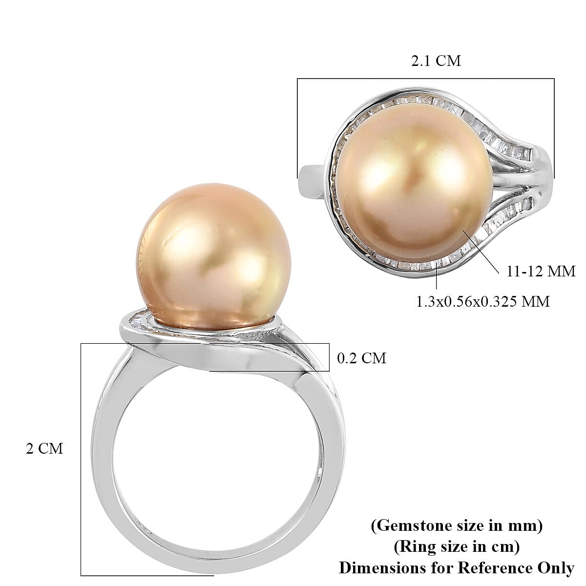 AAA Golden South Sea Pearl and Diamond Ring in Platinum Overlay Sterling Silver