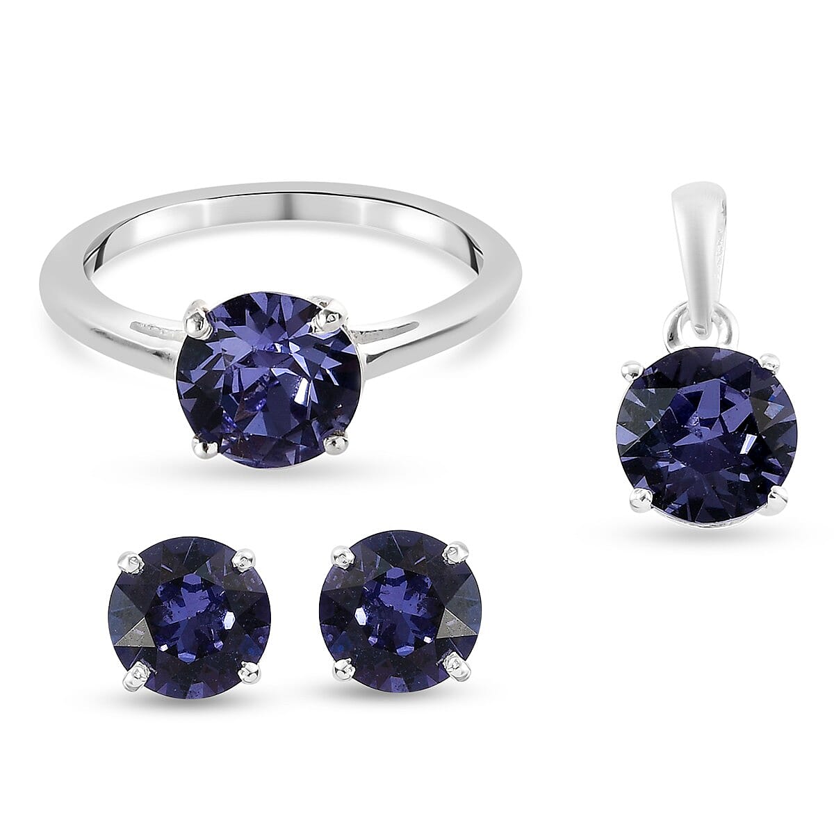 J Francis 3 Piece Set -  Crystal from Finest CZ Tanzanite Colour Crystal Solitaire Ring, Pendant and Stud Earrings (with Push Back) in Sterling Silver