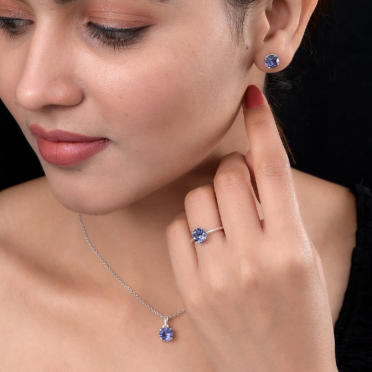 J Francis 3 Piece Set -  Crystal from Finest CZ Tanzanite Colour Crystal Solitaire Ring, Pendant and Stud Earrings (with Push Back) in Sterling Silver