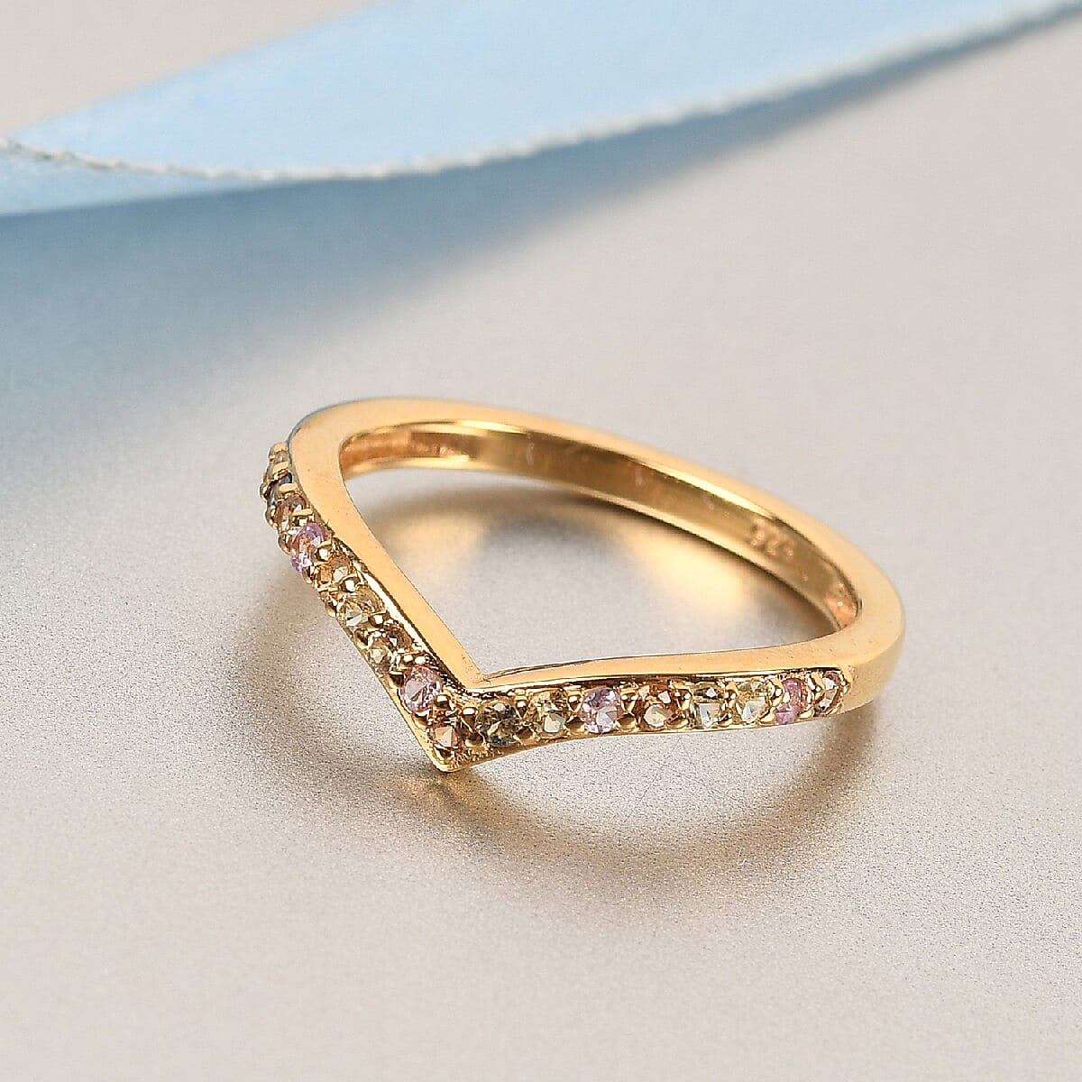 Rainbow Sapphire Wishbone Ring in 14K Gold Overlay Sterling Silver