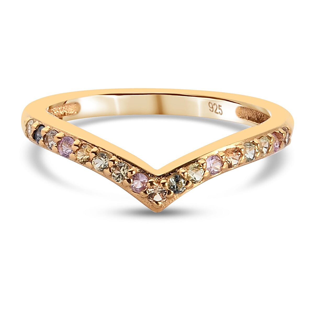 Rainbow Sapphire Wishbone Ring in 14K Gold Overlay Sterling Silver