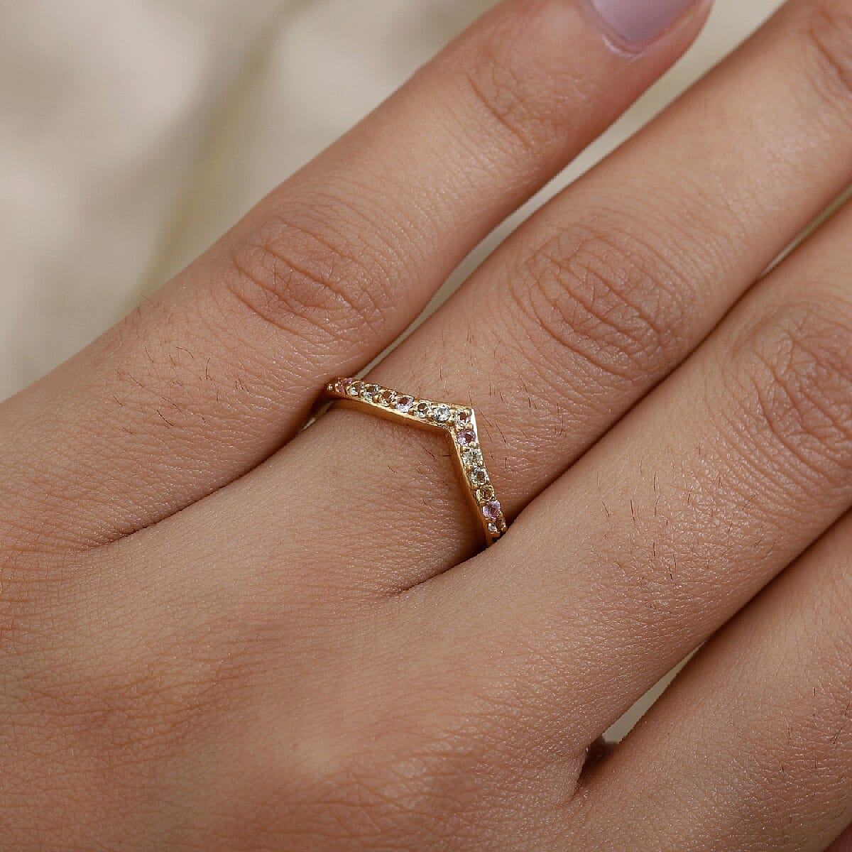 Rainbow Sapphire Wishbone Ring in 14K Gold Overlay Sterling Silver