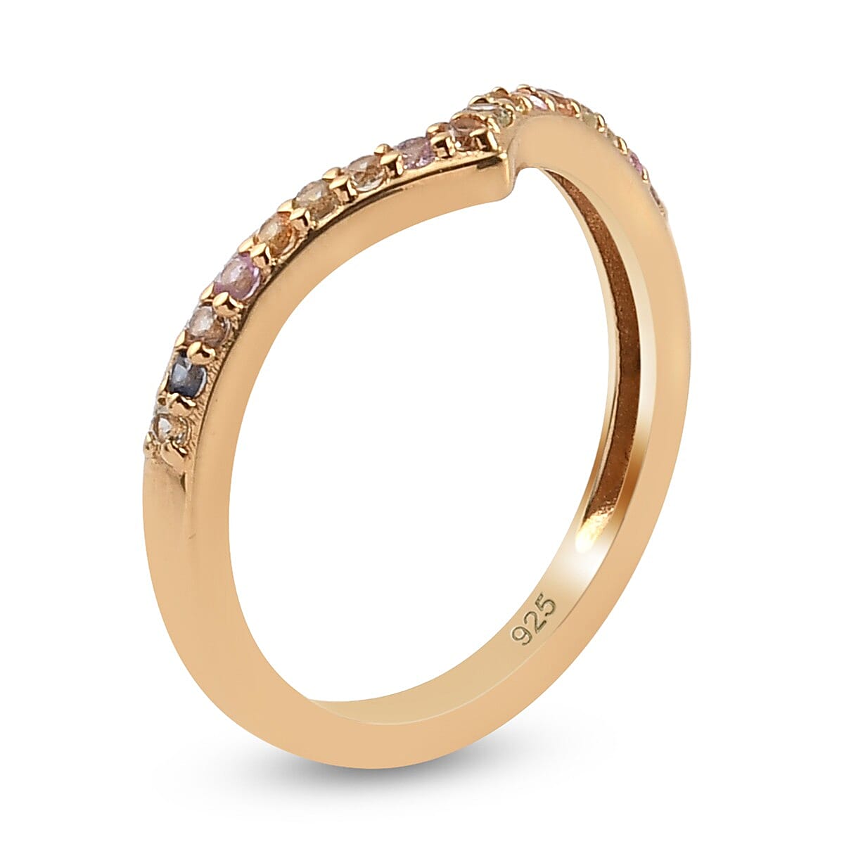 Rainbow Sapphire Wishbone Ring in 14K Gold Overlay Sterling Silver