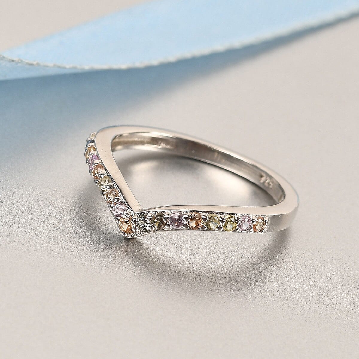 Rainbow Sapphire Wishbone Ring in Platinum Overlay Sterling Silver