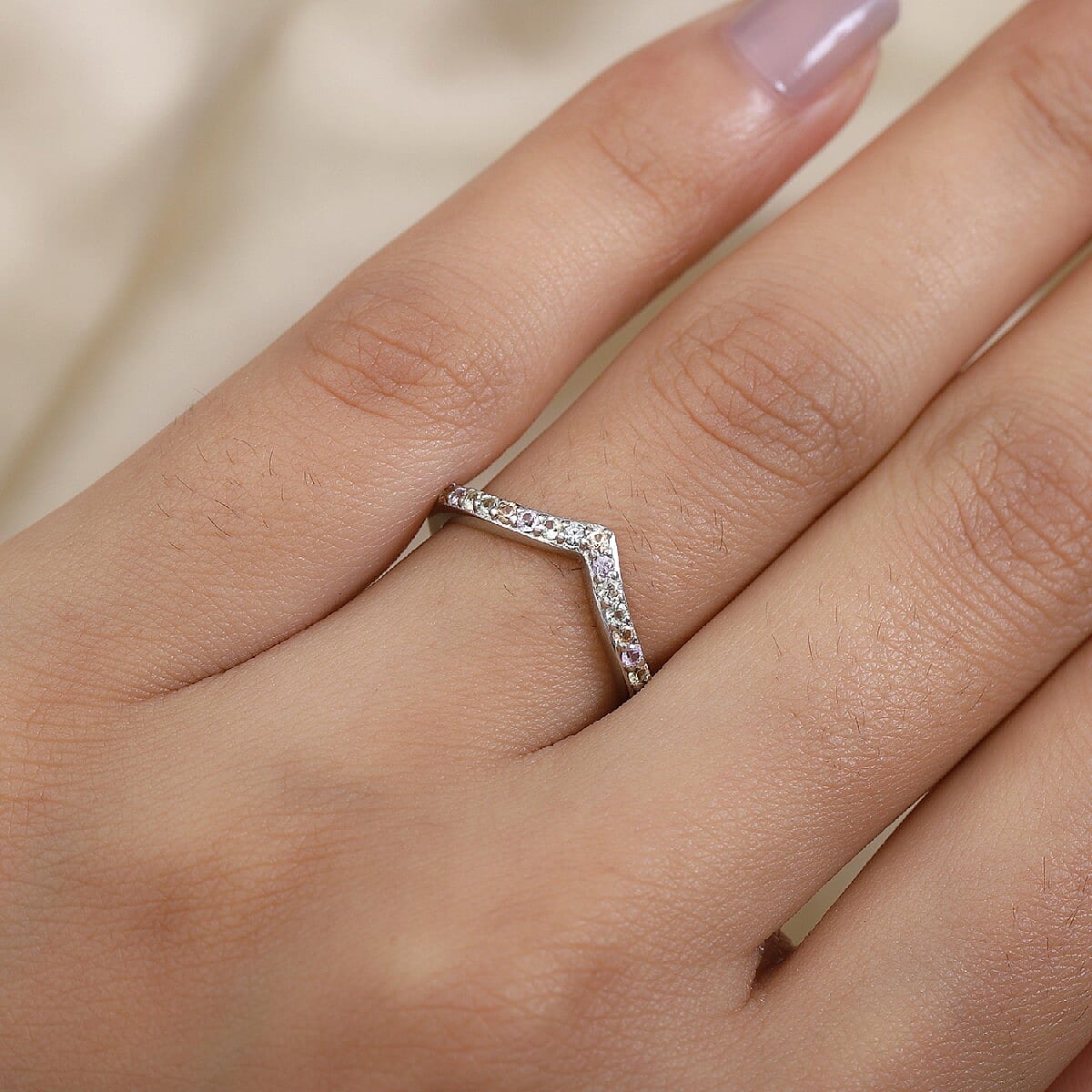 Rainbow Sapphire Wishbone Ring in Platinum Overlay Sterling Silver