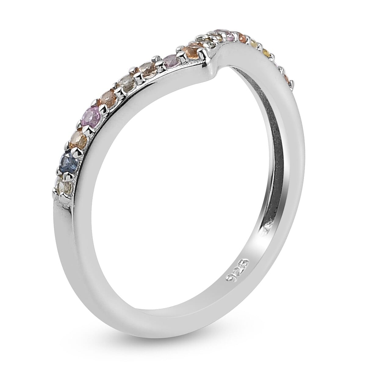 Rainbow Sapphire Wishbone Ring in Platinum Overlay Sterling Silver