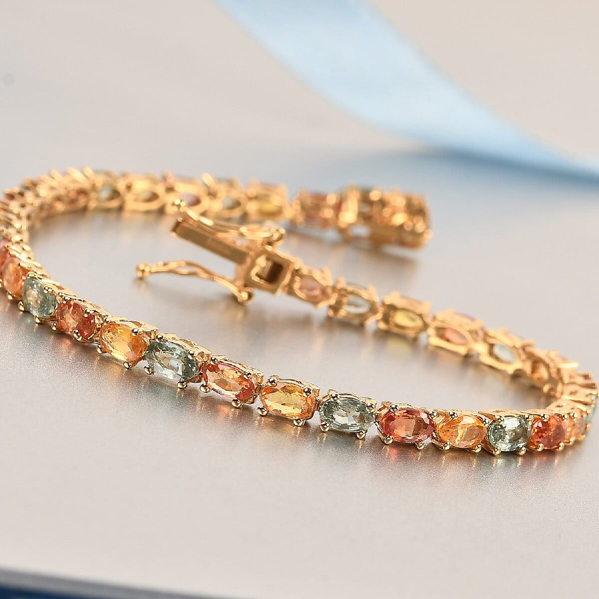 Yellow Sapphire, Green Sapphire and Orange Sapphire Bracelet (Size 7.5) in 14K Gold Overlay Sterling Silver 10.040 Ct. Silver Wt. 8.19 Gms