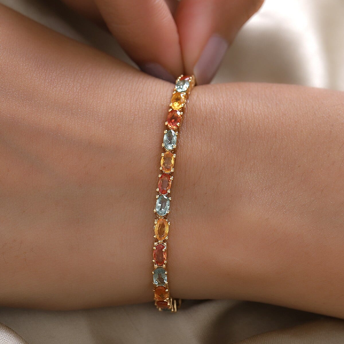 Yellow Sapphire, Green Sapphire and Orange Sapphire Bracelet (Size 7.5) in 14K Gold Overlay Sterling Silver 10.040 Ct. Silver Wt. 8.19 Gms