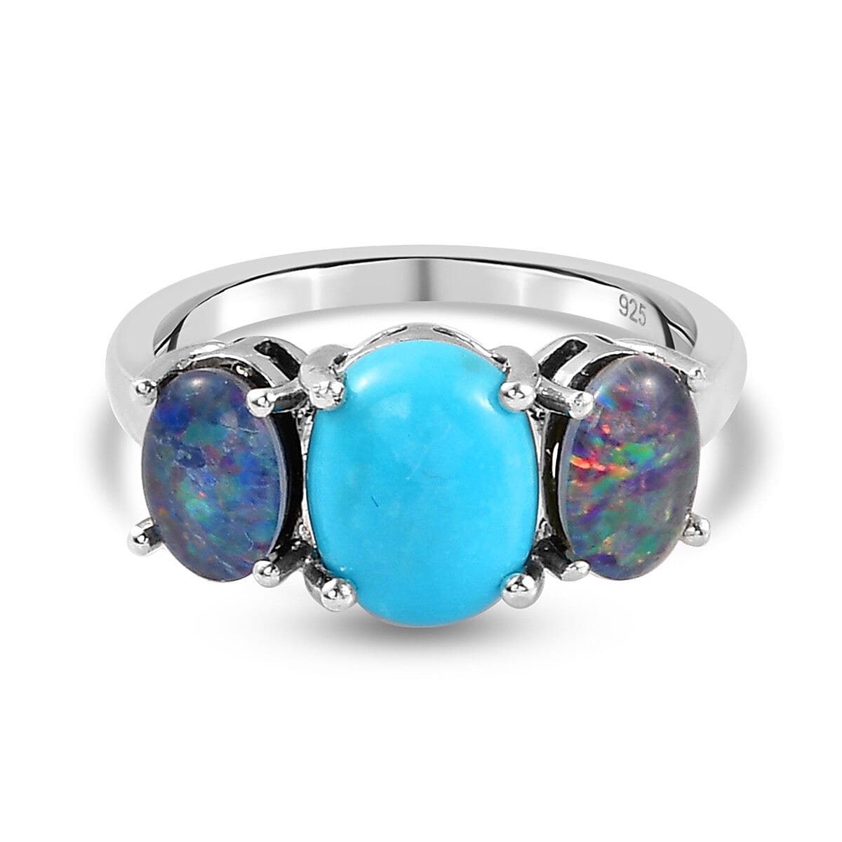 Arizona Sleeping Beauty Turquoise and Boulder Opal Triplet 3 Stone Ring in Platinum Overlay Sterling Silver 2.30 Ct.