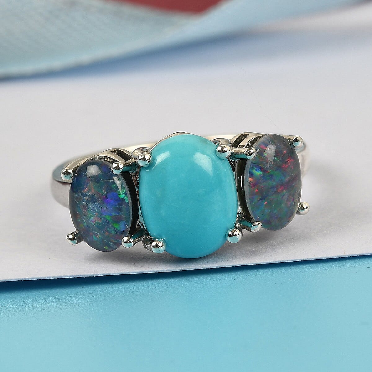 Arizona Sleeping Beauty Turquoise and Boulder Opal Triplet 3 Stone Ring in Platinum Overlay Sterling Silver 2.30 Ct.