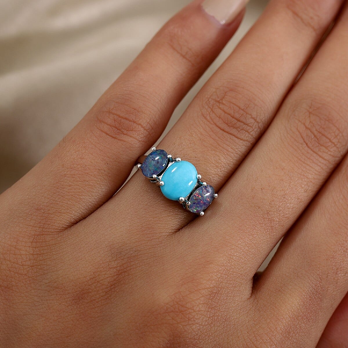 Arizona Sleeping Beauty Turquoise and Boulder Opal Triplet 3 Stone Ring in Platinum Overlay Sterling Silver 2.30 Ct.
