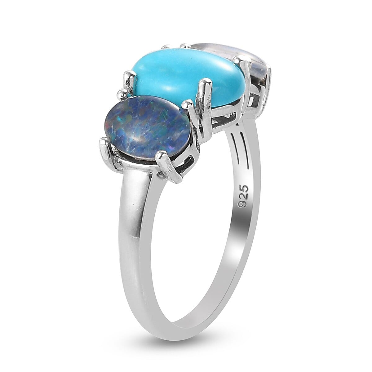 Arizona Sleeping Beauty Turquoise and Boulder Opal Triplet 3 Stone Ring in Platinum Overlay Sterling Silver 2.30 Ct.