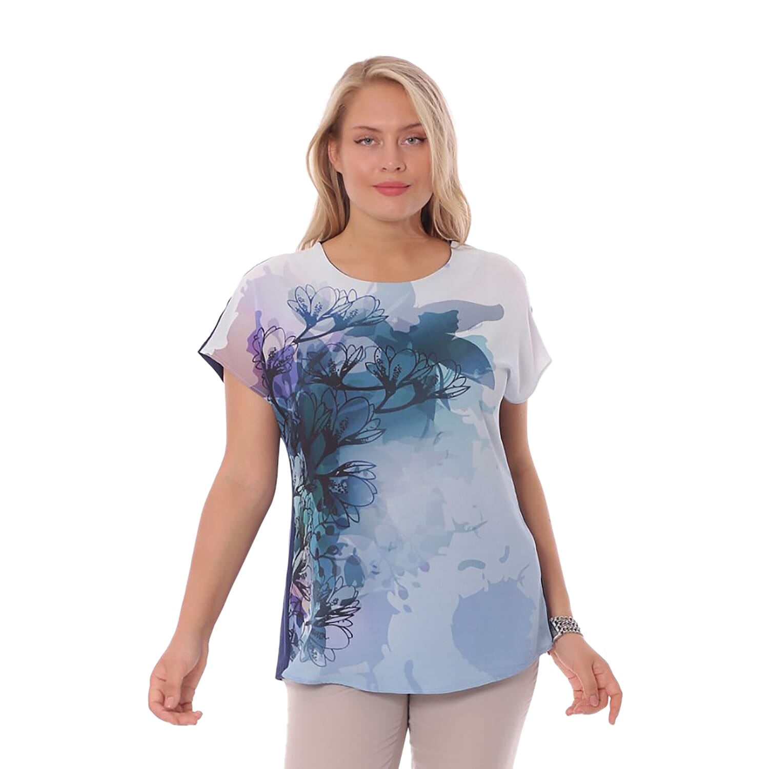 Jovie Floral Pattern Low Sleeve Blouse - Blue