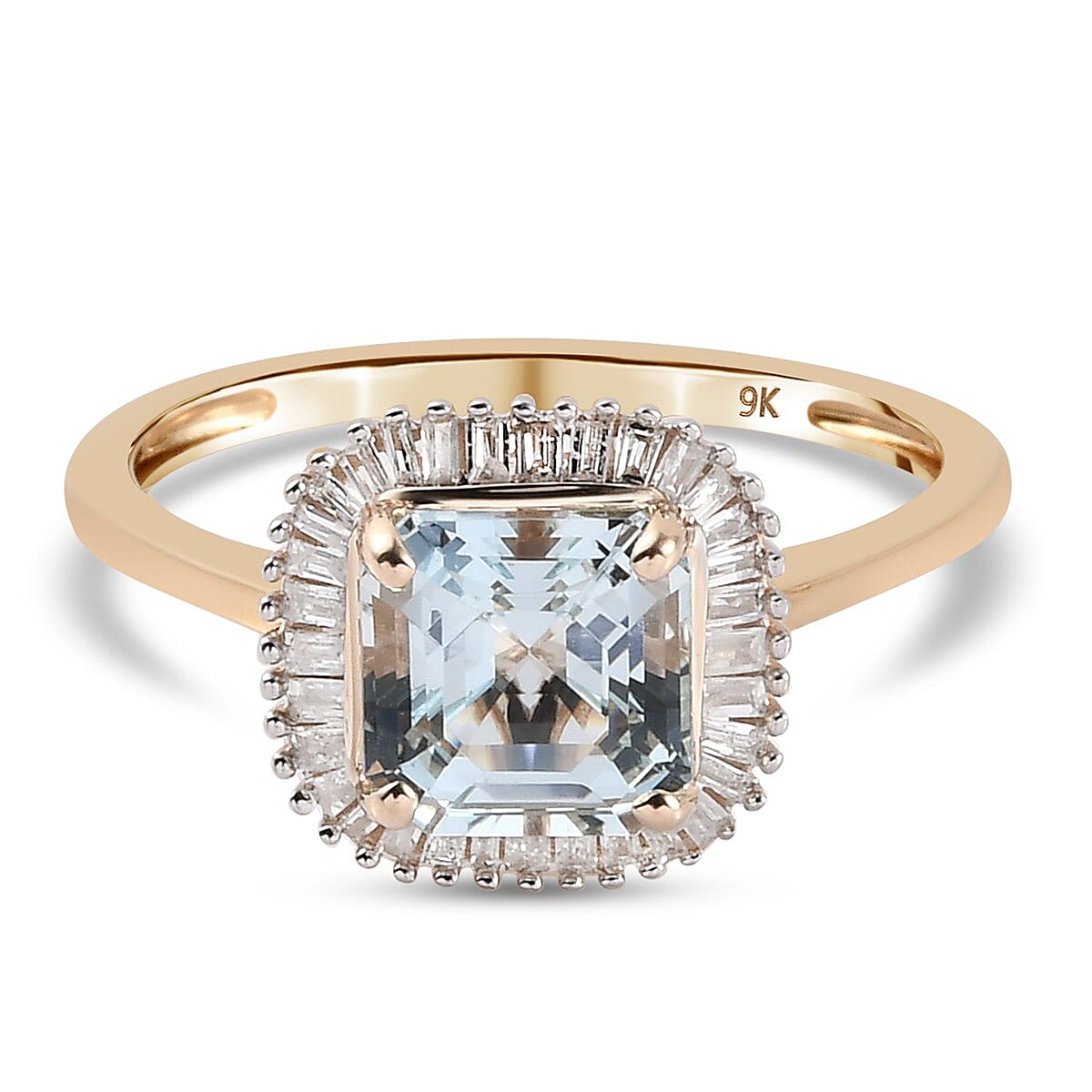 9K Yellow Gold Espirito Santo Aquamarine (Asscher Cut) and Diamond Ring 1.850 Ct