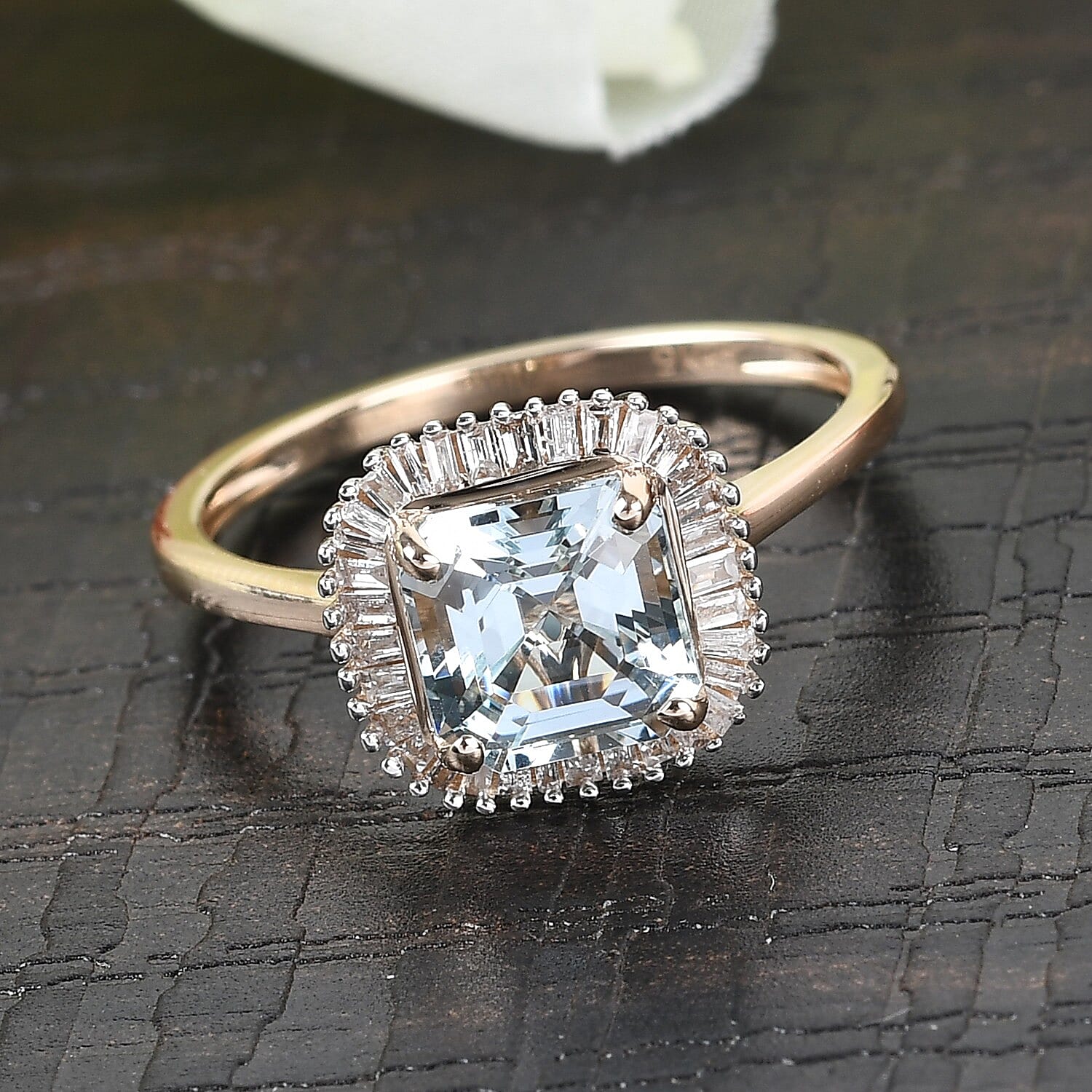 9K Yellow Gold Espirito Santo Aquamarine (Asscher Cut) and Diamond Ring 1.850 Ct