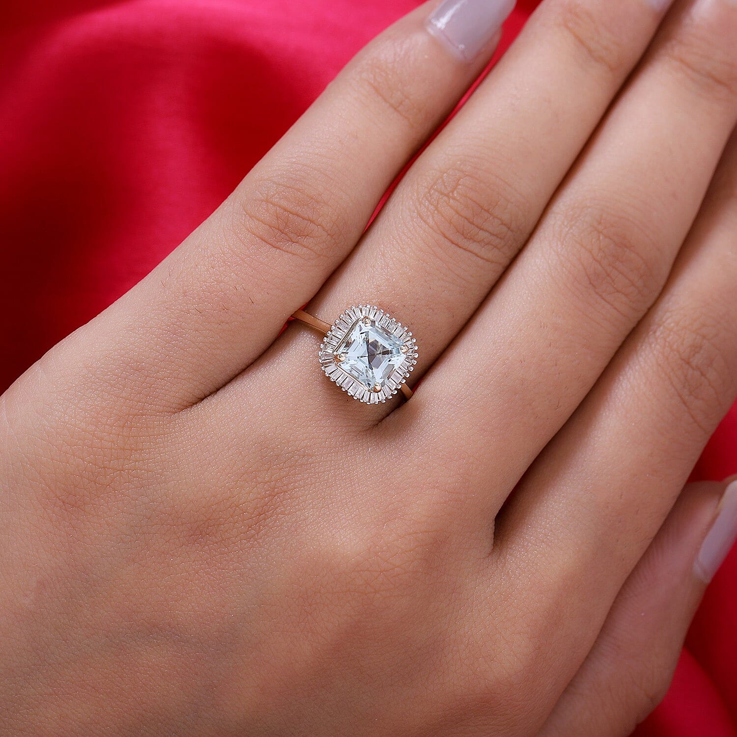 9K Yellow Gold Espirito Santo Aquamarine (Asscher Cut) and Diamond Ring 1.850 Ct