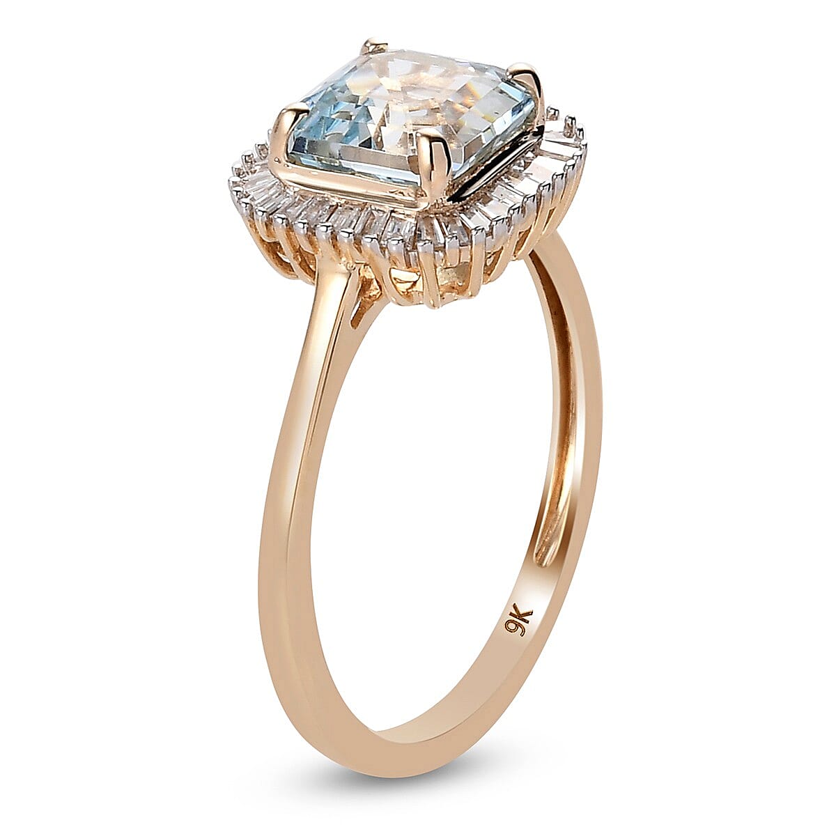 9K Yellow Gold Espirito Santo Aquamarine (Asscher Cut) and Diamond Ring 1.850 Ct