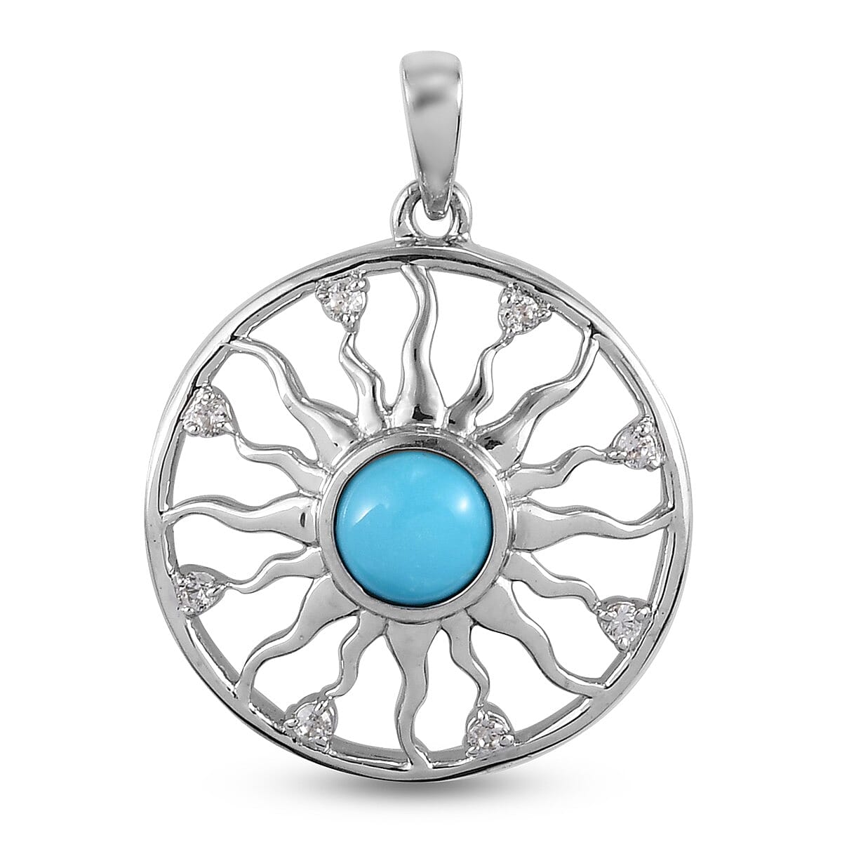Arizona Sleeping Beauty Turquoise and Natural Cambodian Zircon Sun Pendant in Platinum Overlay Sterling Silver 1.000 Ct.
