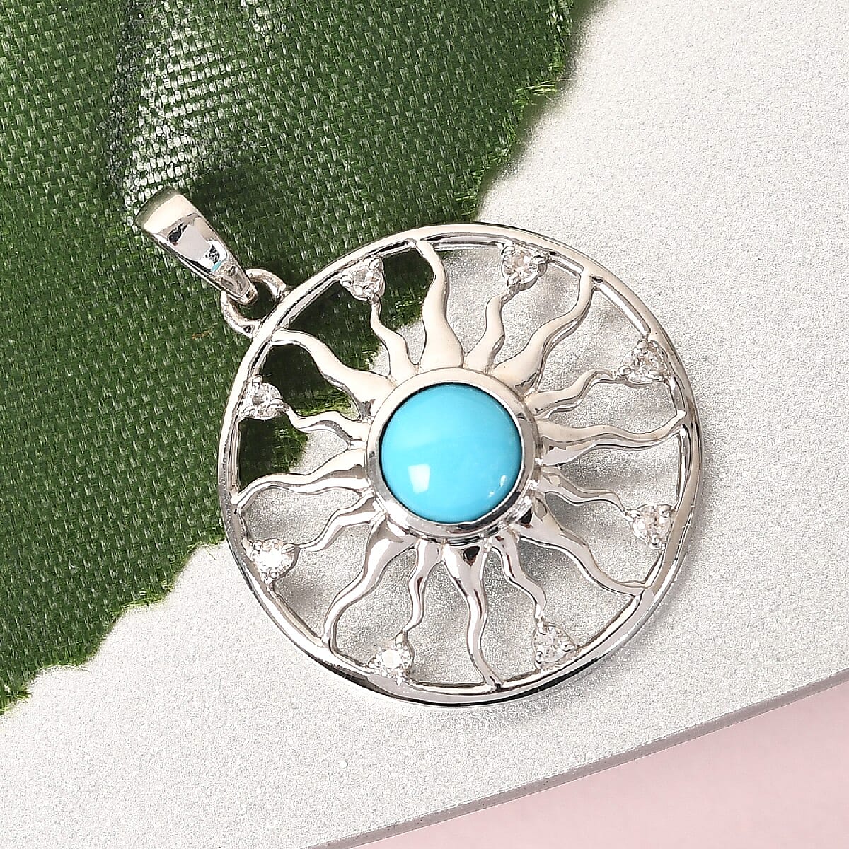 Arizona Sleeping Beauty Turquoise and Natural Cambodian Zircon Sun Pendant in Platinum Overlay Sterling Silver 1.000 Ct.