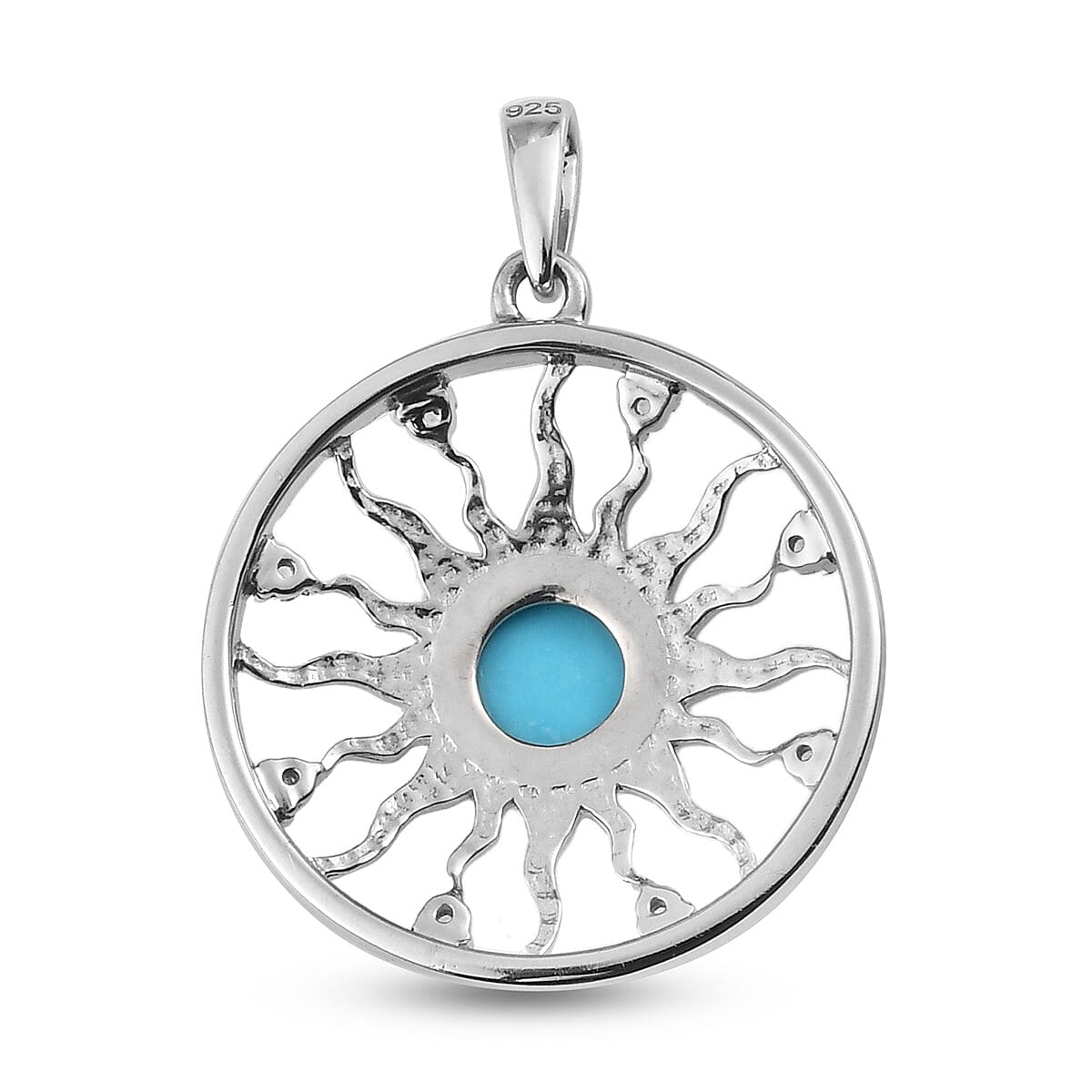 Arizona Sleeping Beauty Turquoise and Natural Cambodian Zircon Sun Pendant in Platinum Overlay Sterling Silver 1.000 Ct.