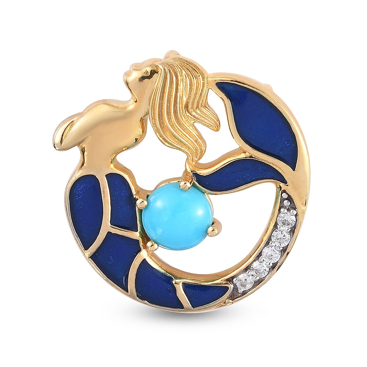 Arizona Sleeping Beauty Turquoise and Natural Cambodian Zircon Enamelled Mermaid Pendant in 14K Gold Overlay Sterling Silver 1.000 Ct.