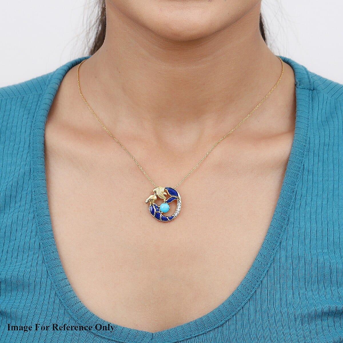 Arizona Sleeping Beauty Turquoise and Natural Cambodian Zircon Enamelled Mermaid Pendant in 14K Gold Overlay Sterling Silver 1.000 Ct.