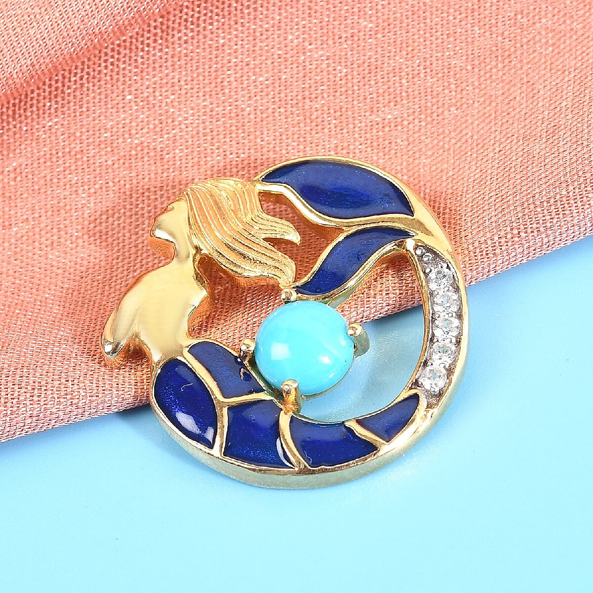 Arizona Sleeping Beauty Turquoise and Natural Cambodian Zircon Enamelled Mermaid Pendant in 14K Gold Overlay Sterling Silver 1.000 Ct.