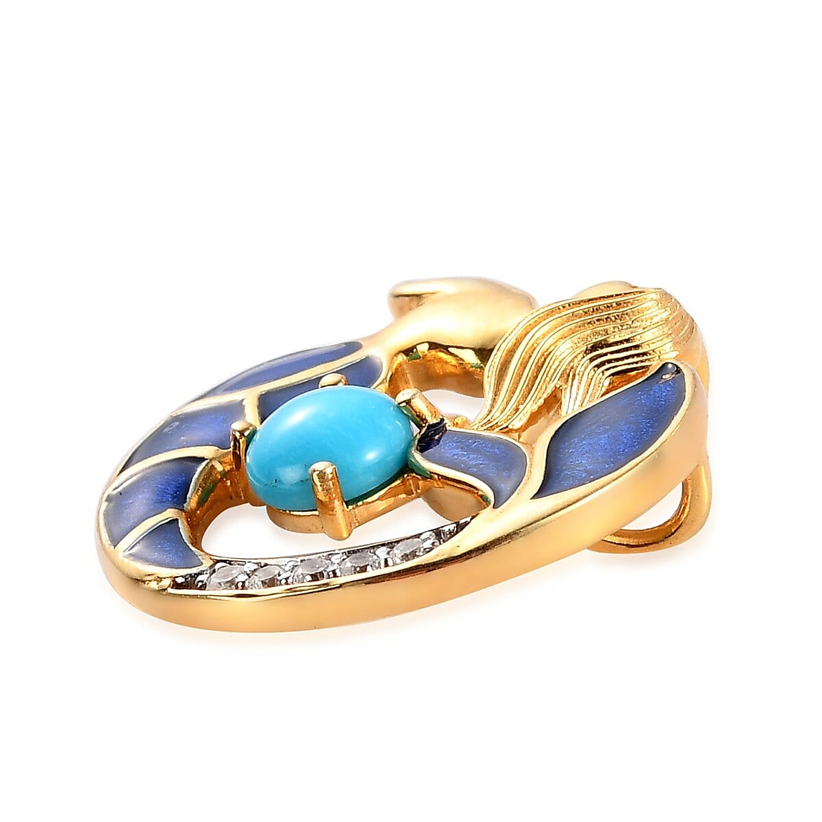 Arizona Sleeping Beauty Turquoise and Natural Cambodian Zircon Enamelled Mermaid Pendant in 14K Gold Overlay Sterling Silver 1.000 Ct.