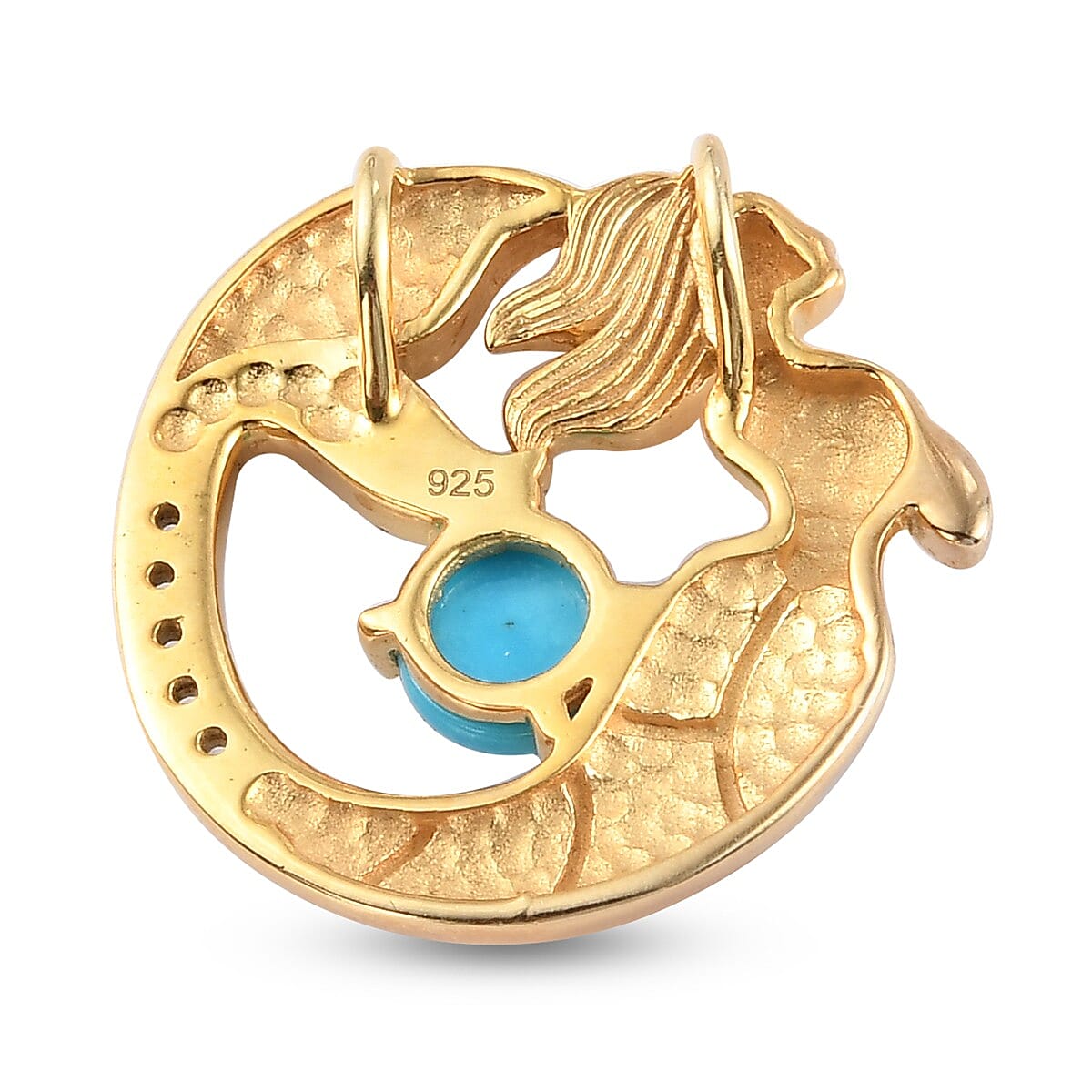 Arizona Sleeping Beauty Turquoise and Natural Cambodian Zircon Enamelled Mermaid Pendant in 14K Gold Overlay Sterling Silver 1.000 Ct.