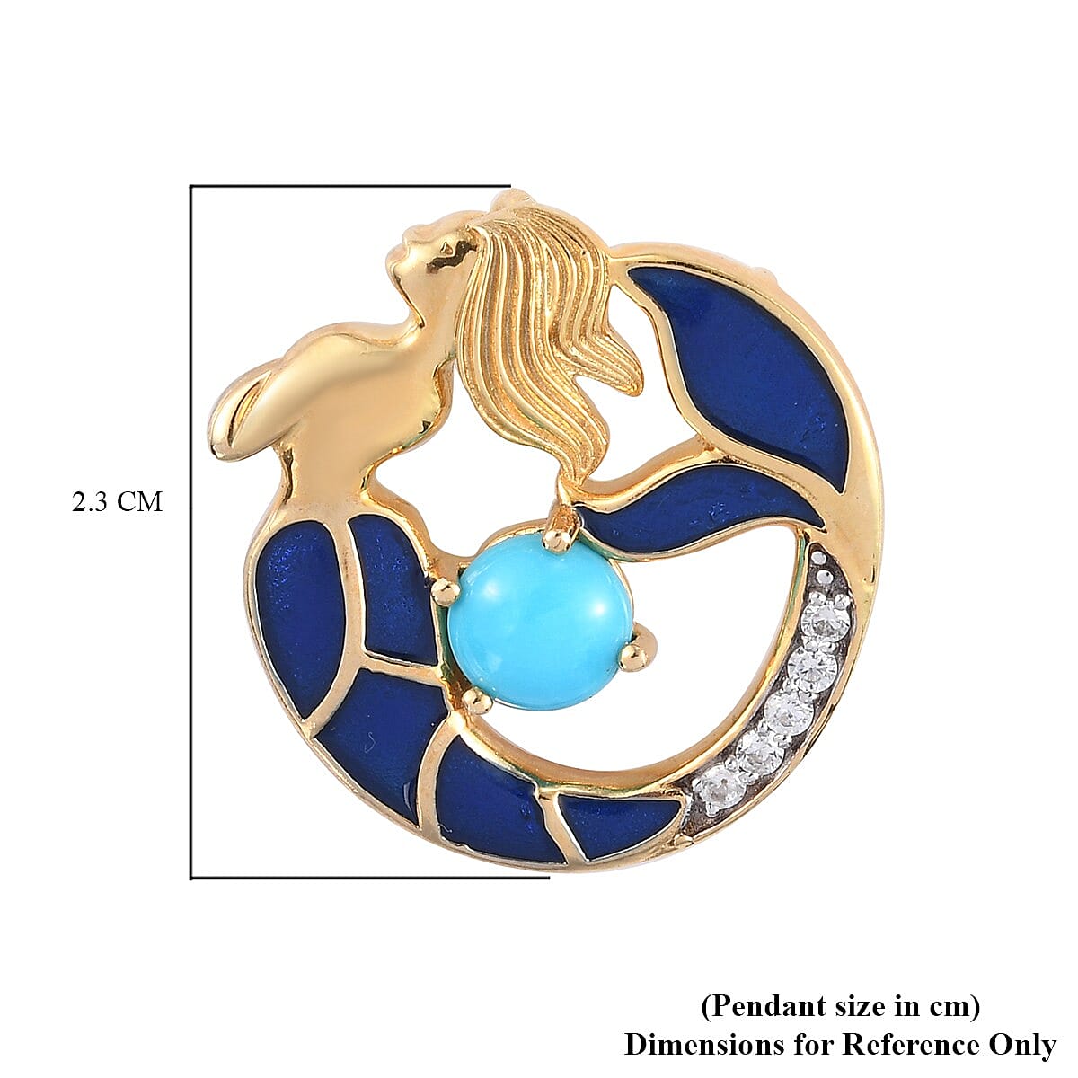 Arizona Sleeping Beauty Turquoise and Natural Cambodian Zircon Enamelled Mermaid Pendant in 14K Gold Overlay Sterling Silver 1.000 Ct.