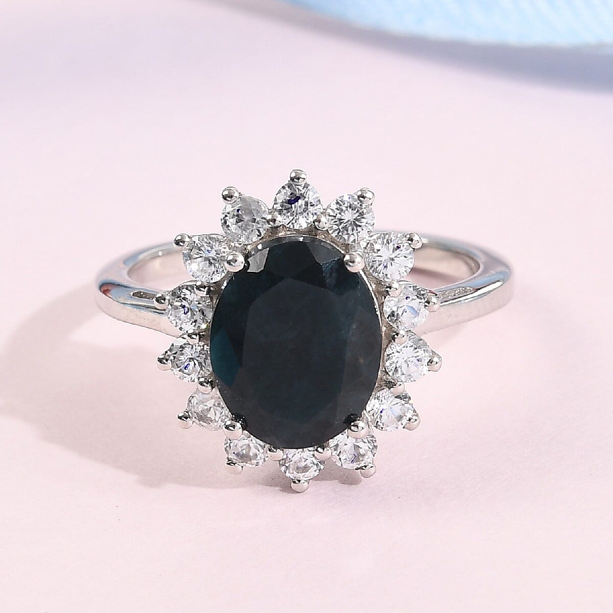 Teal Grandidierite and Natural Zircon Ring in Platinum Overlay Sterling Silver 3.72 Ct.