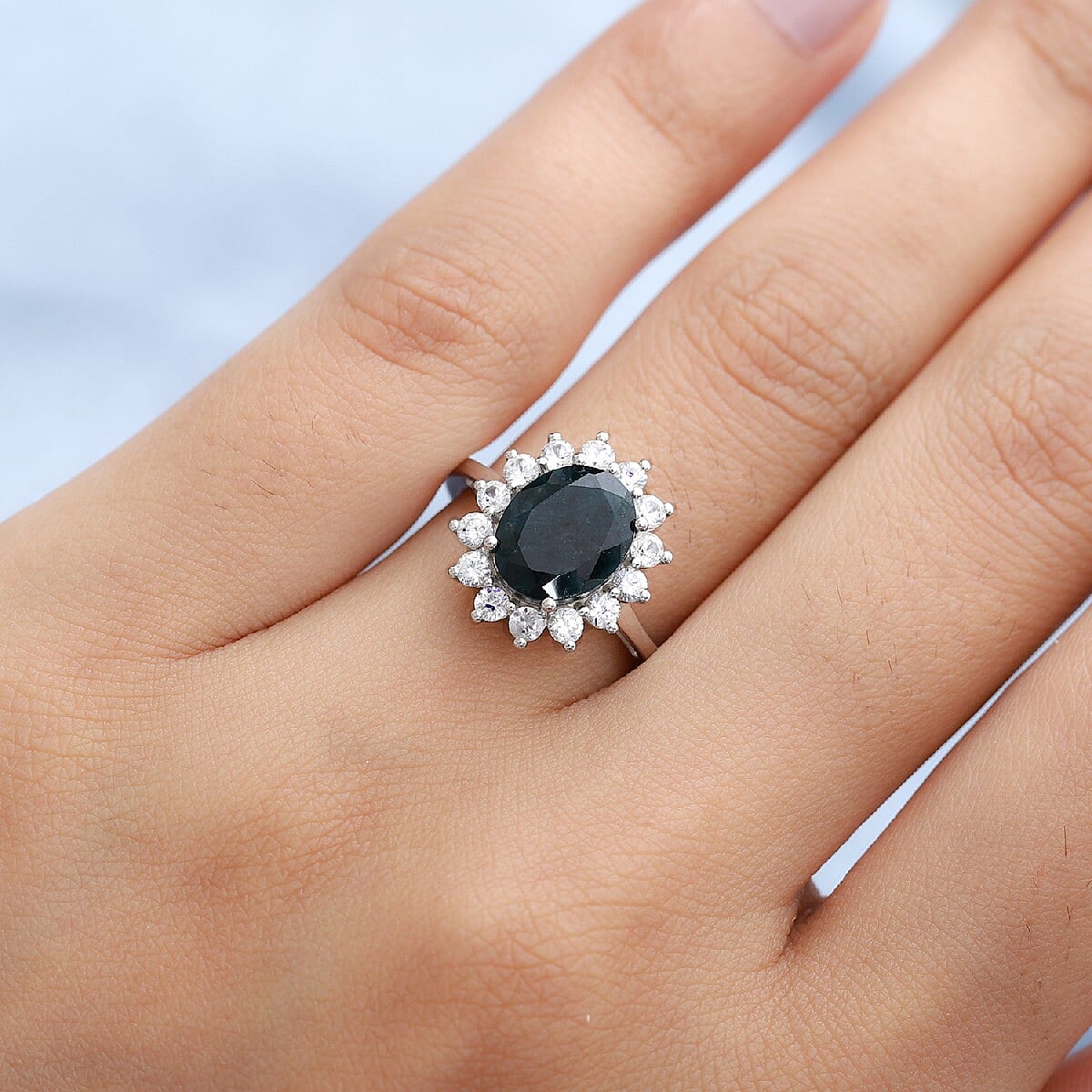 Teal Grandidierite and Natural Zircon Ring in Platinum Overlay Sterling Silver 3.72 Ct.