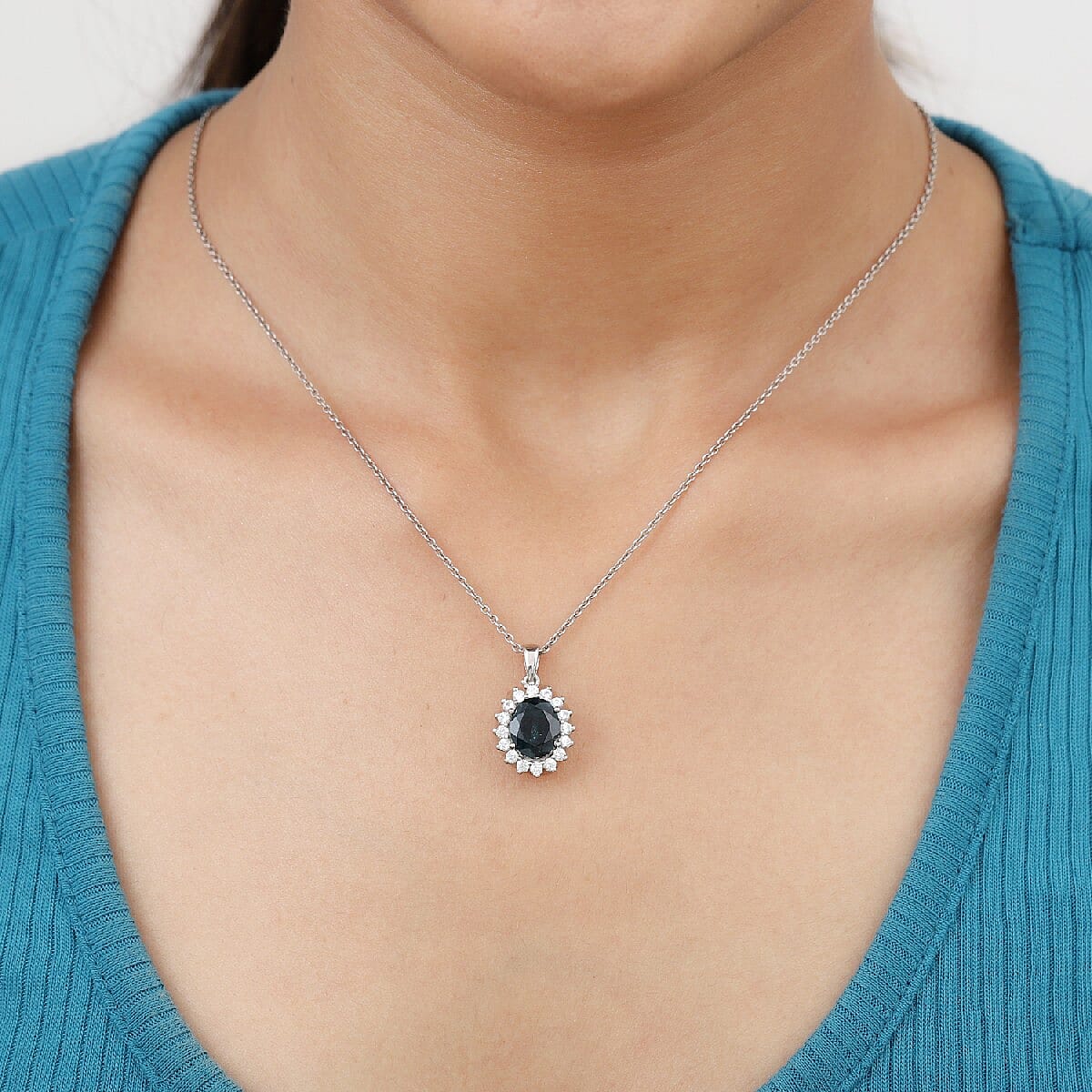 Teal Grandidierite and Natural Cambodian Zircon Pendant in Platinum Overlay Sterling Silver 3.070 Ct.