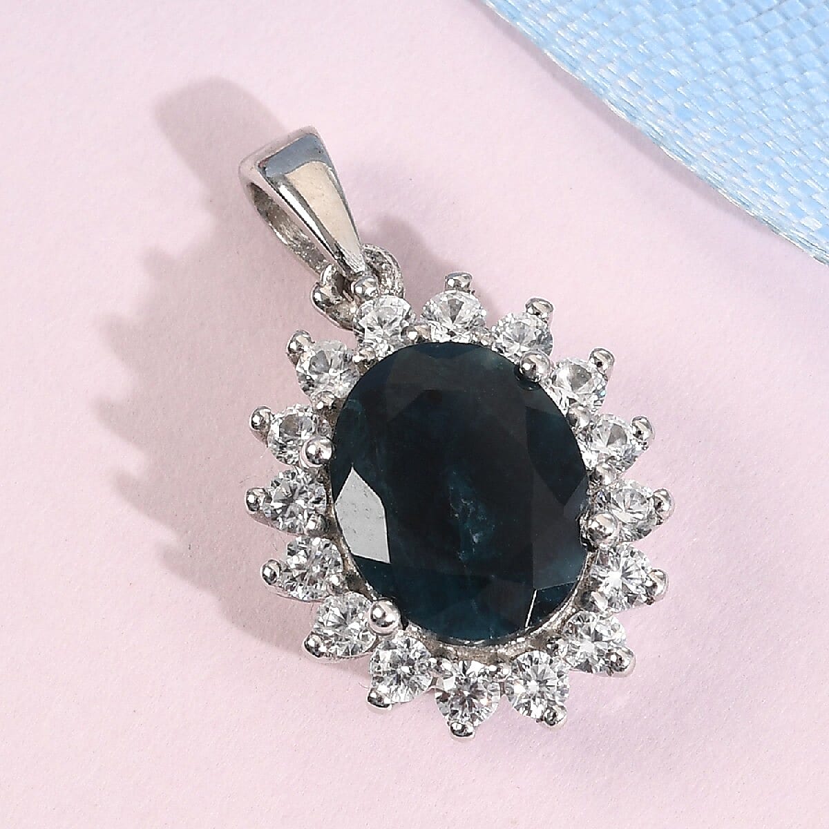 Teal Grandidierite and Natural Cambodian Zircon Pendant in Platinum Overlay Sterling Silver 3.070 Ct.