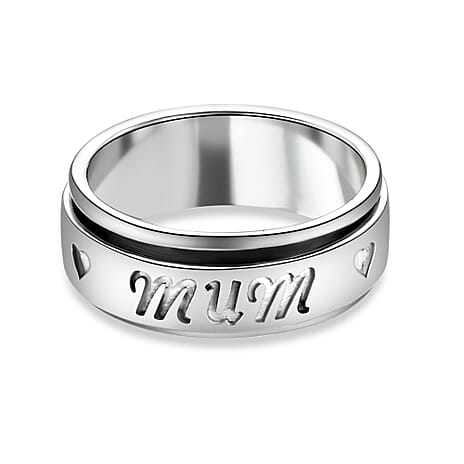 Platinum Overlay Sterling Silver Mum-Engraved Stackable Ring, Silver.