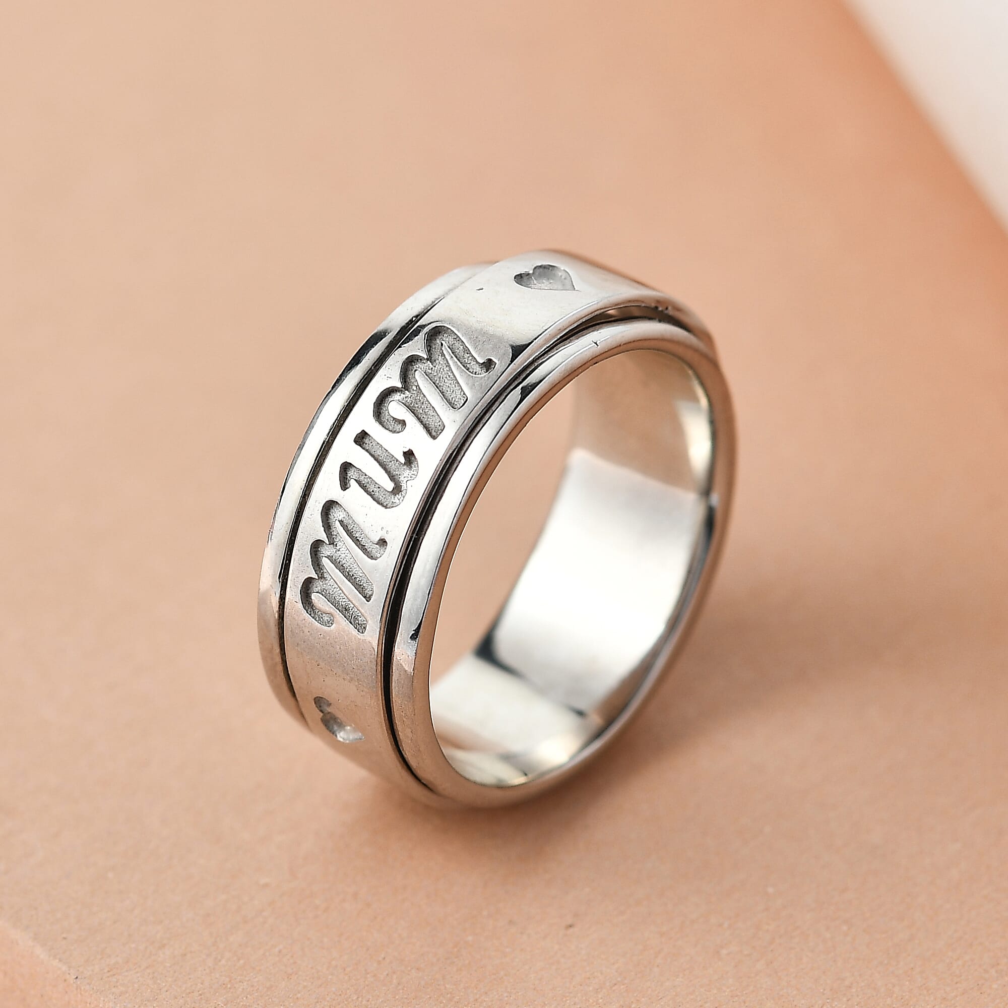 Platinum Overlay Sterling Silver Mum-Engraved Stackable Ring, Silver.