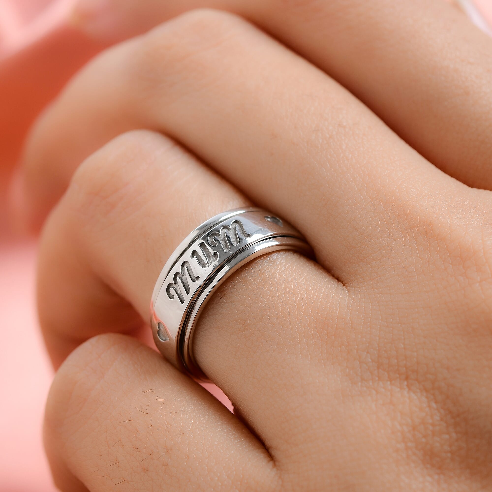 Platinum Overlay Sterling Silver Mum-Engraved Stackable Ring, Silver.