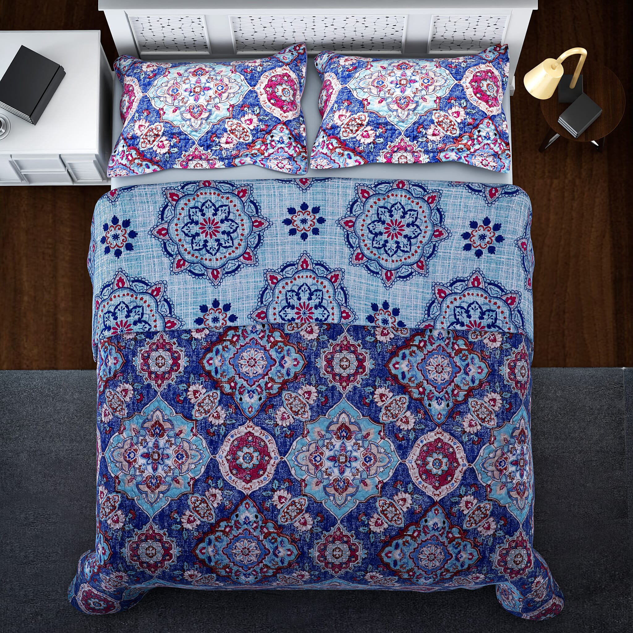 3 Pieces Set - Pigment Pattern Quilt (260x240Cm) with 2 Pillow Cases (70x50x2Cm) - Light Blue