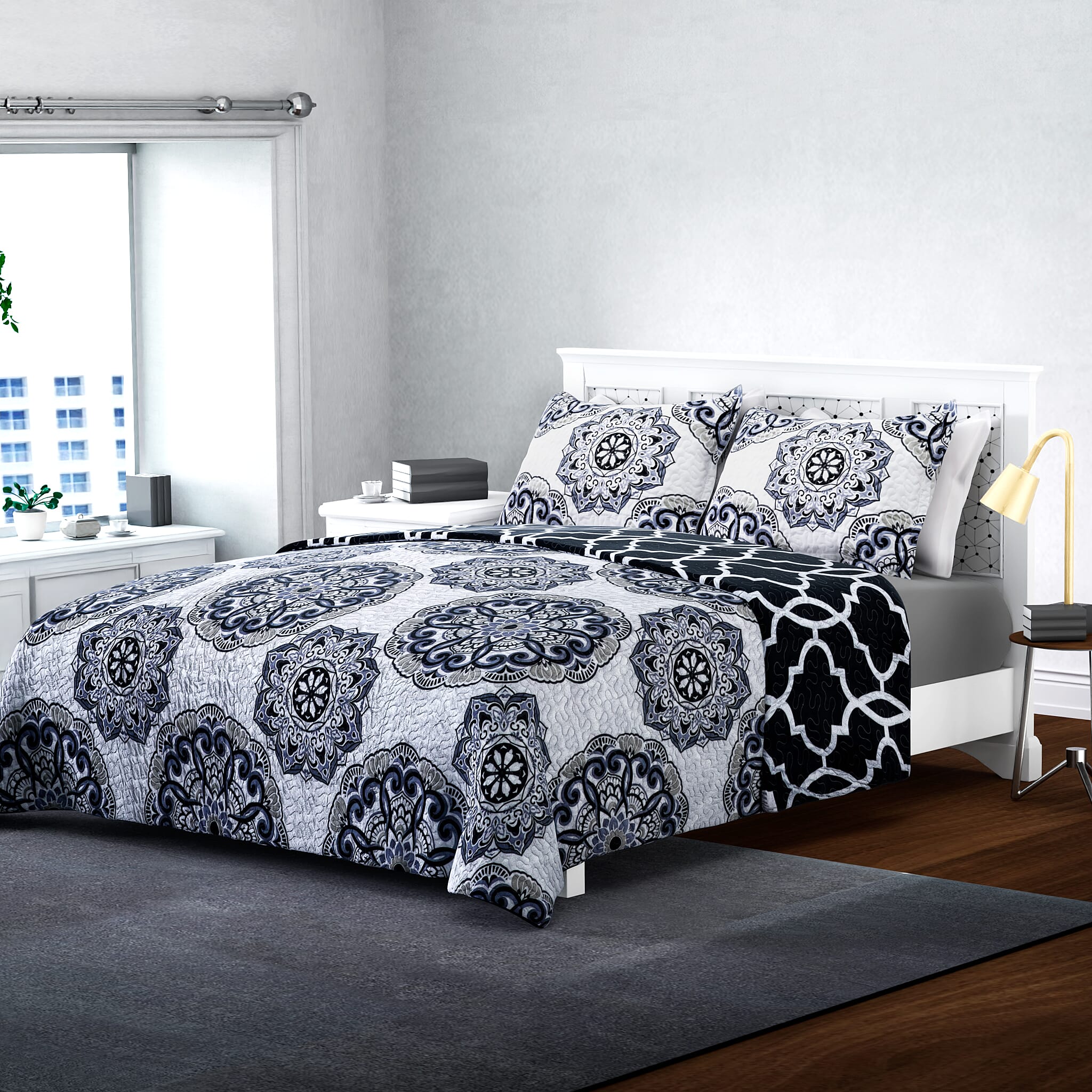 3 Pieces Set - Pigment Pattern Quilt (260x240Cm) with 2 Pillow Cases (70x50x2Cm-5Cm) - Grey, White and Black