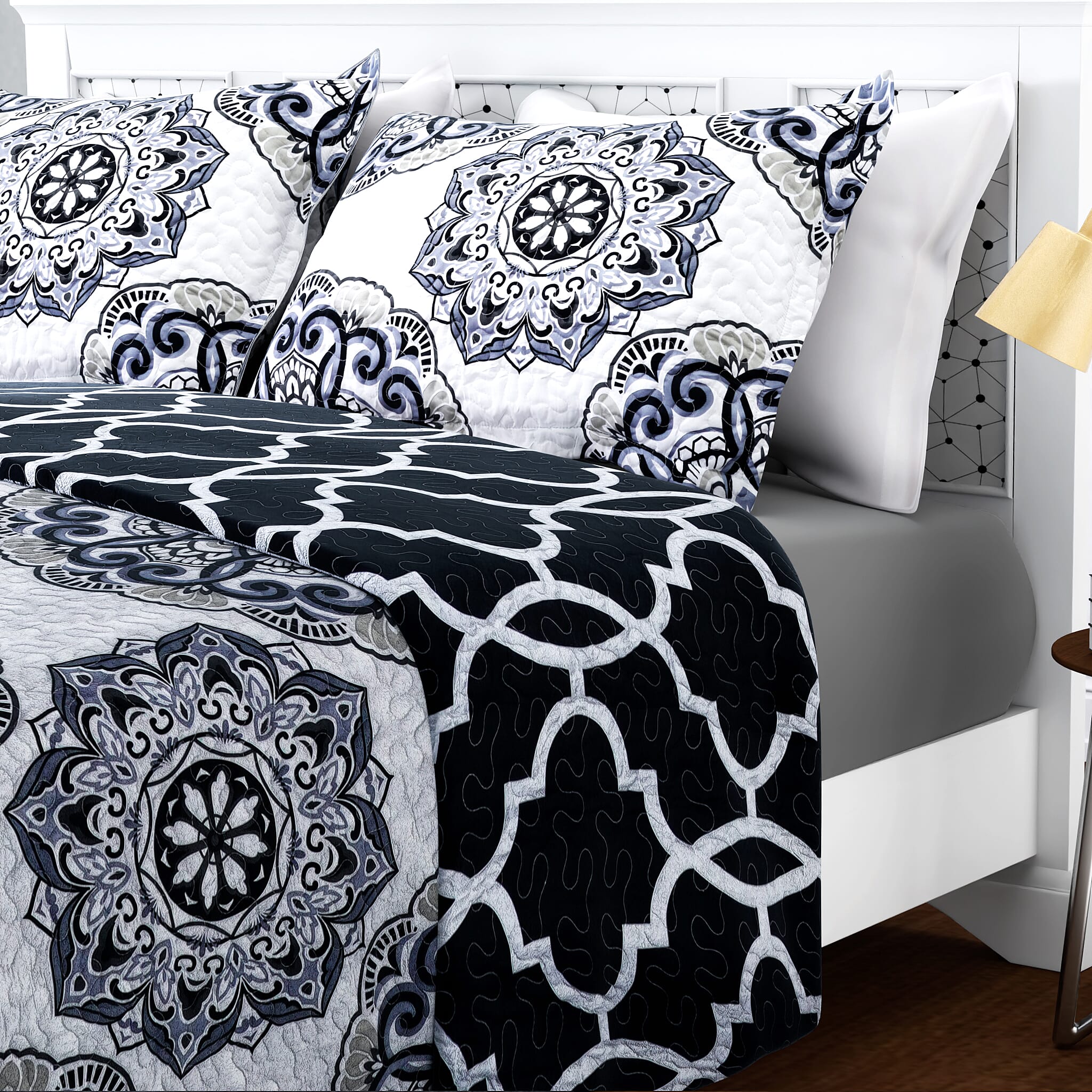 3 Pieces Set - Pigment Pattern Quilt (260x240Cm) with 2 Pillow Cases (70x50x2Cm-5Cm) - Grey, White and Black