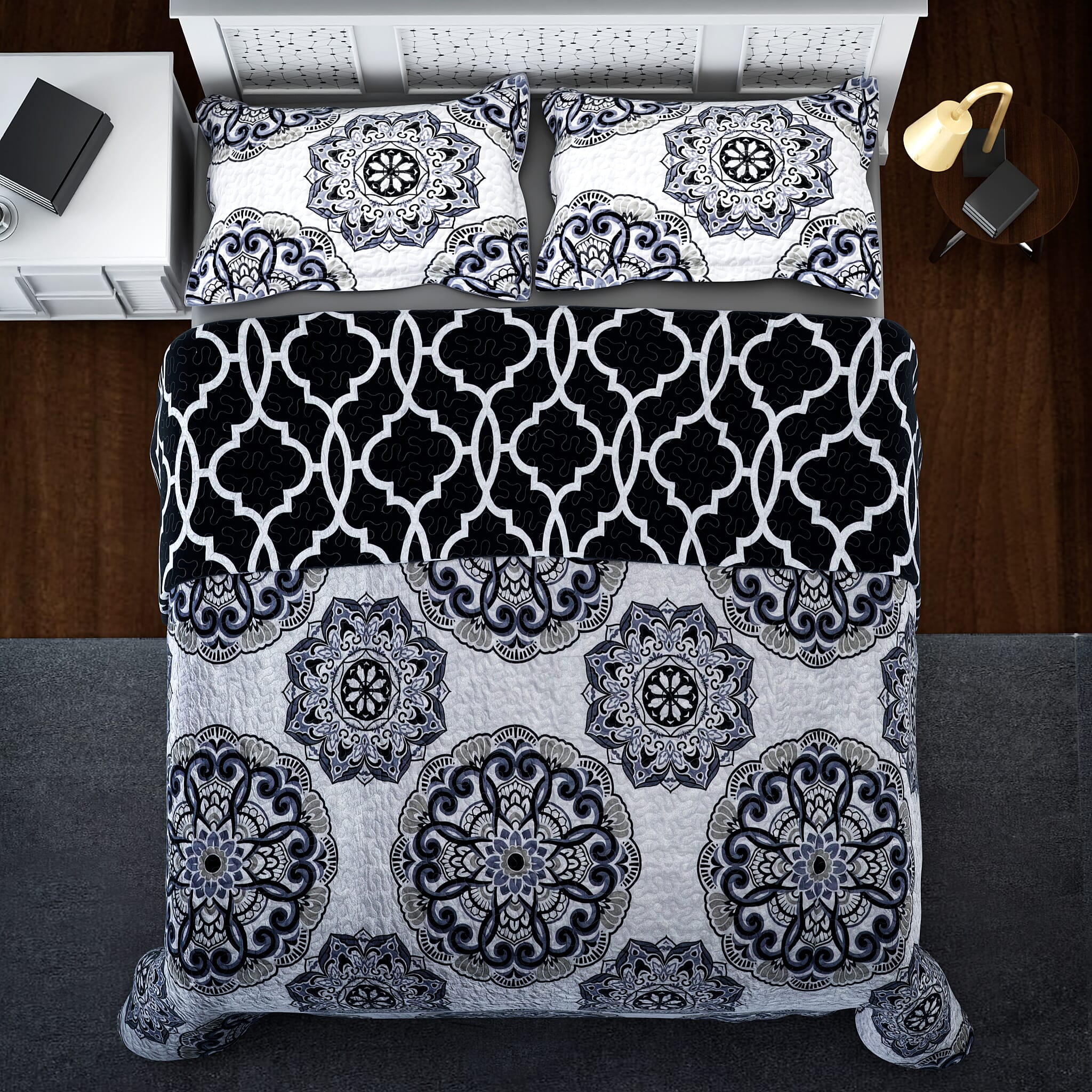 3 Pieces Set - Pigment Pattern Quilt (260x240Cm) with 2 Pillow Cases (70x50x2Cm-5Cm) - Grey, White and Black